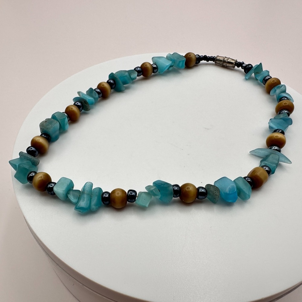 Vintage 90s Multicolor Chip & Tigers Eye Bead Necklace Silver Tone Jewelry